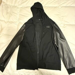 Armani Exchange Black zip hoodie with leather sleeves size XL in good condition